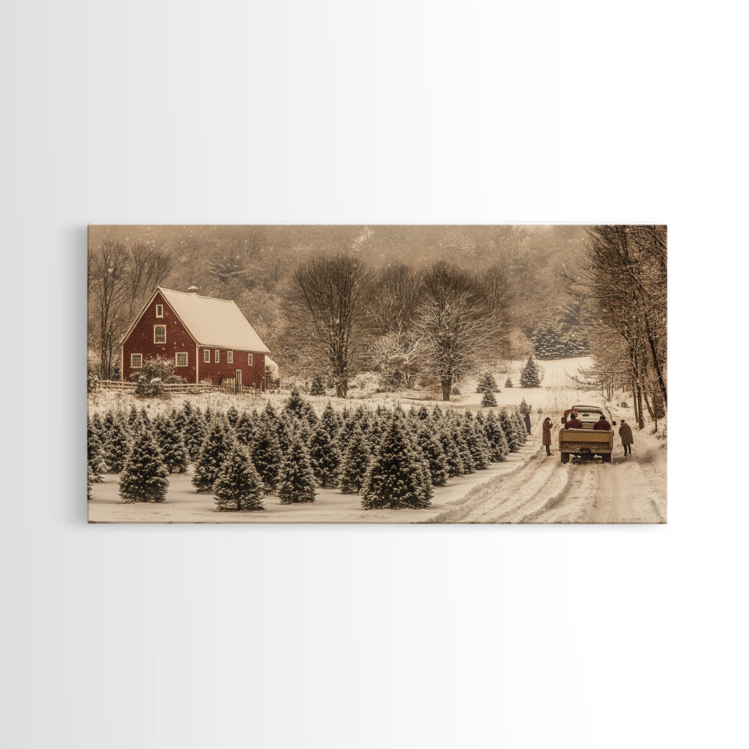 Snowy Farmhouse Christmas Tree Framed Canvas Print - Country Christmas Decor with Rustic Vintage Charm and Holiday Wall Art