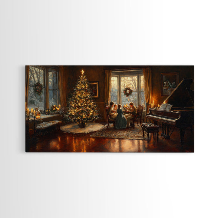 Family Gathering by Christmas Tree Framed Canvas Print - Warm Christmas Home Decor with Vintage Charm and Classic Holiday Wall Art