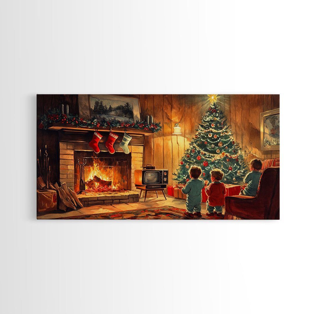 Vintage Christmas living room scene with fireplace and children, 2024 Christmas home decor, framed canvas print, vintage Christmas wall art