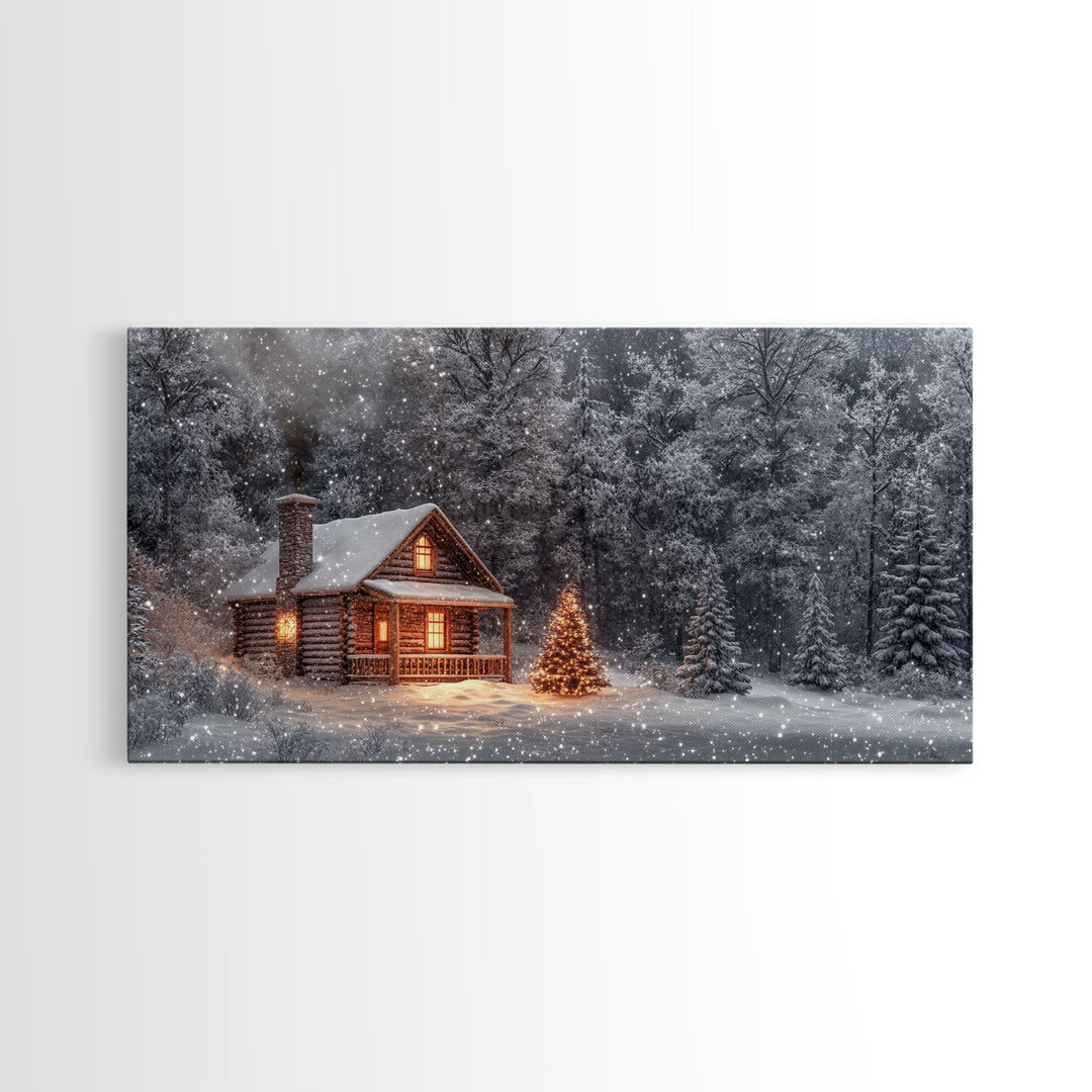 Winter cabin with Christmas tree outdoor decor, snowy landscape art, framed canvas print, winter wonderland wall art, holiday decor