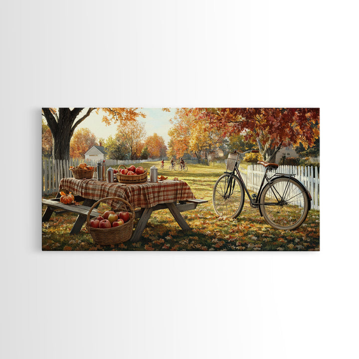 Autumn picnic with apples and plaid tablecloth, fall farmhouse decor, canvas print, country autumn art, autumn wall decor