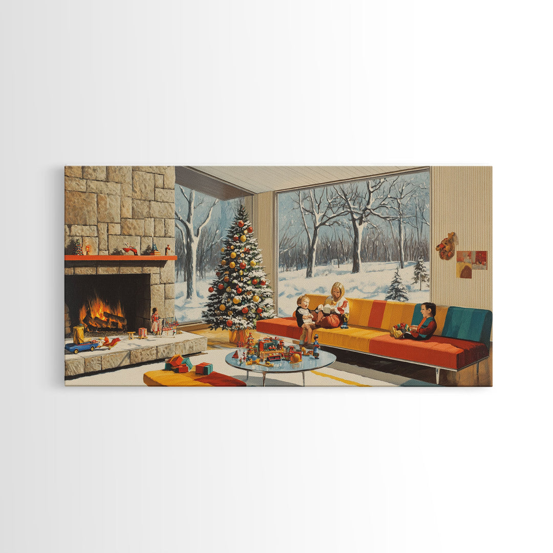 Mid century modern Christmas scene with fireplace and tree, retro Christmas decor, framed canvas print, 1960s Christmas home decor