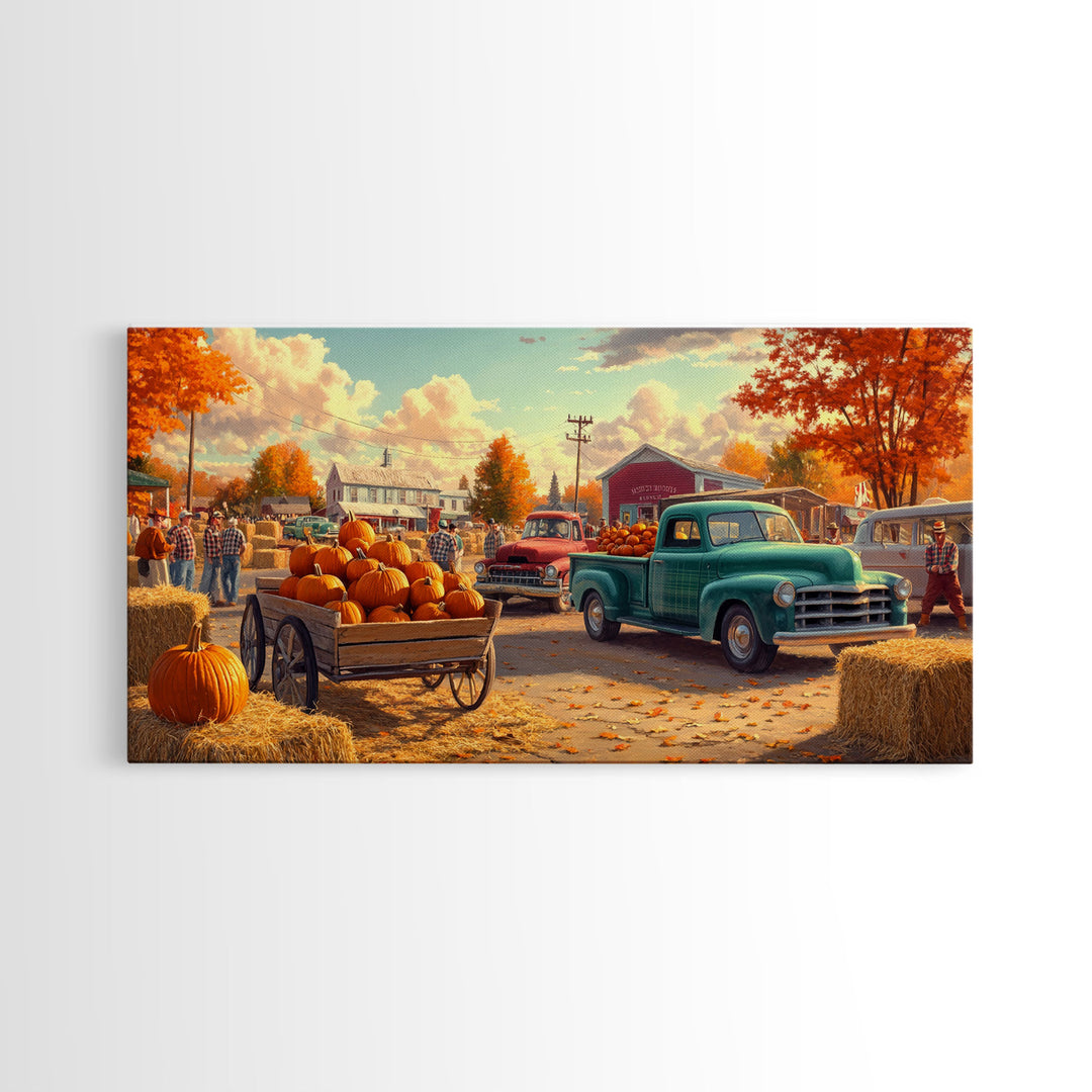 Fall pumpkin harvest with vintage trucks, country autumn decor, canvas print, fall farmhouse wall art, seasonal decor