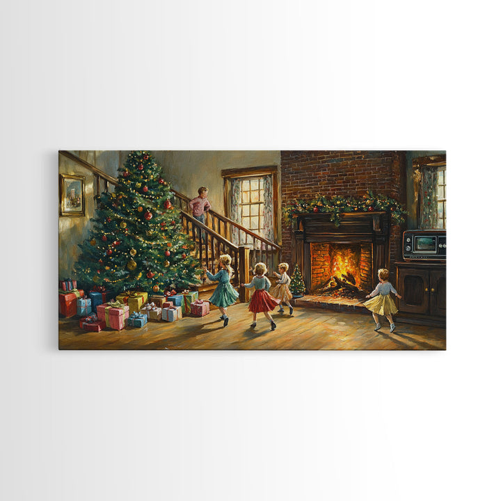 Vintage Christmas living room with fireplace and tree, children and presents, framed canvas print, Christmas decor, holiday wall art