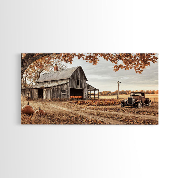 Farmhouse Autumn Decor Framed Canvas Print with Rustic Truck and Barn, Fall Country Art Wall Decor, Pumpkin Harvest Gift Idea Seasonal Decor