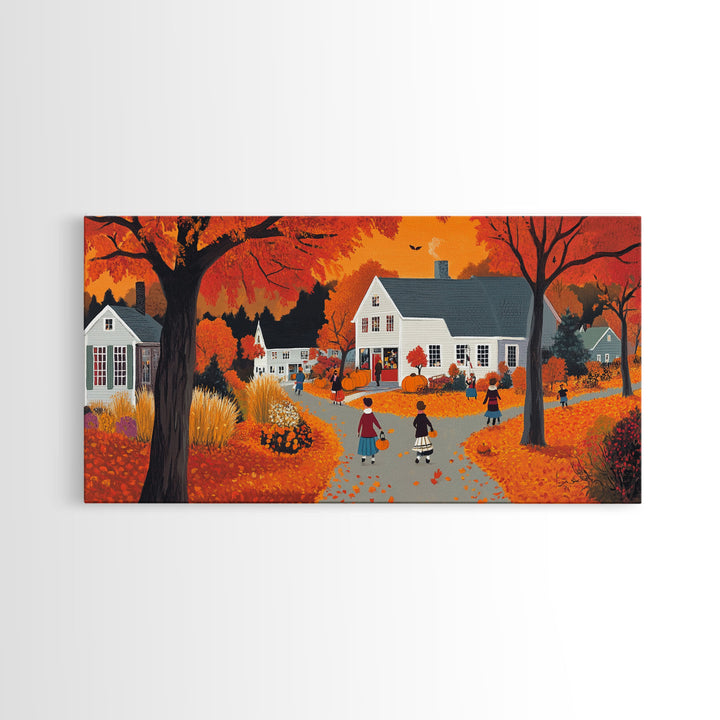 Autumn Vintage Village Canvas Print with Fall Foliage, Seasonal Farmhouse Art, Framed Wall Decor Gift, Best Gift Idea