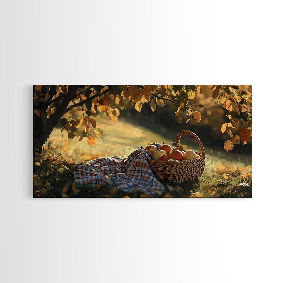 Basket of Apples Framed Canvas Print, Cozy Fall Farmhouse Wall Art, Country Autumn Decor, Best Gift for Her, Seasonal Harvest Scene Art