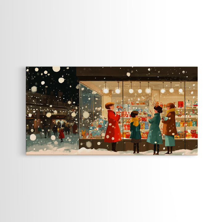 Christmas Window Shopping Scene Framed Canvas Print, Nostalgic Winter Holiday Wall Art Decor, Best Christmas Gift Idea, City Christmas Decor