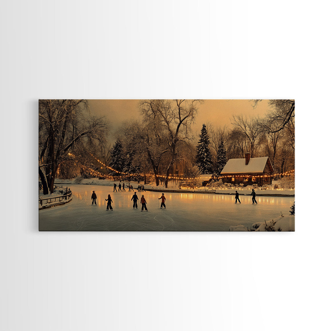 Winter Wonderland Ice Skating Framed Canvas Print, Rustic Christmas Art, Holiday Scene Wall Decor, Best Christmas Gift, Winter Landscape Art