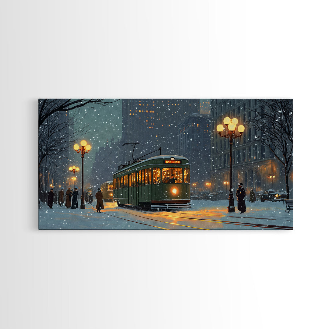 Vintage Christmas Street Scene Framed Canvas Print, City Tram Holiday Art, Christmas Wall Art Gift Idea, Holiday Season Decor, Wall Decor