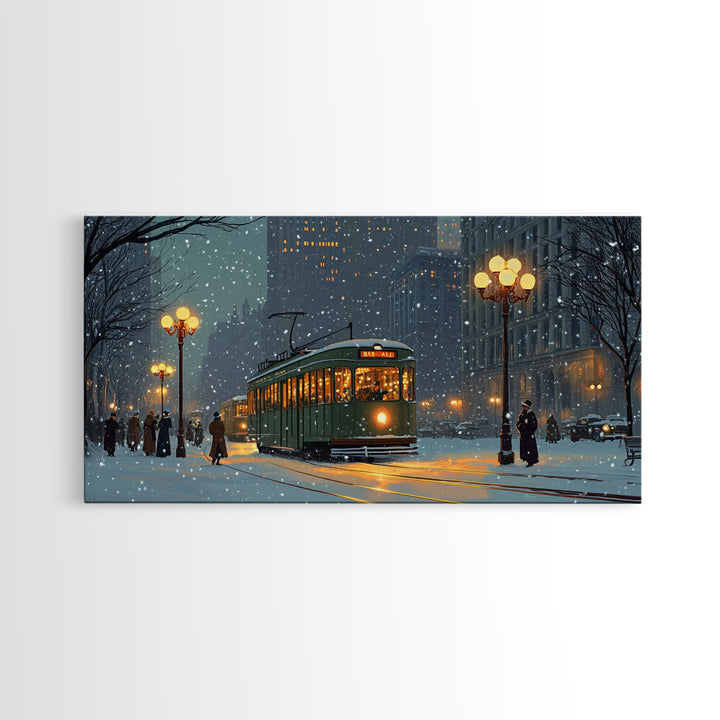 Vintage Christmas Street Scene Framed Canvas Print, City Tram Holiday Art, Christmas Wall Art Gift Idea, Holiday Season Decor, Wall Decor