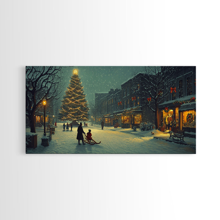 Christmas Village Tree Lighting Framed Canvas Print, Nostalgic Winter Holiday Art, Vintage Wall Art Scene, Best Gift Idea Christmas Decor