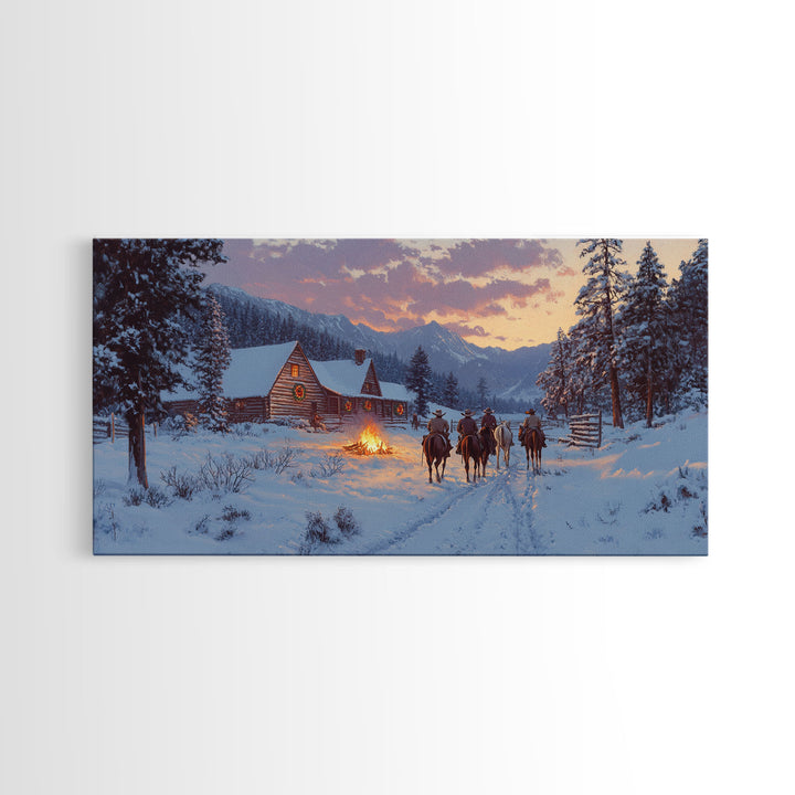 Cowboys and Log Cabin Winter Christmas Framed Canvas Print, Rustic Mountain Holiday Scene Art, Best Christmas Gift Idea, Winter Decor