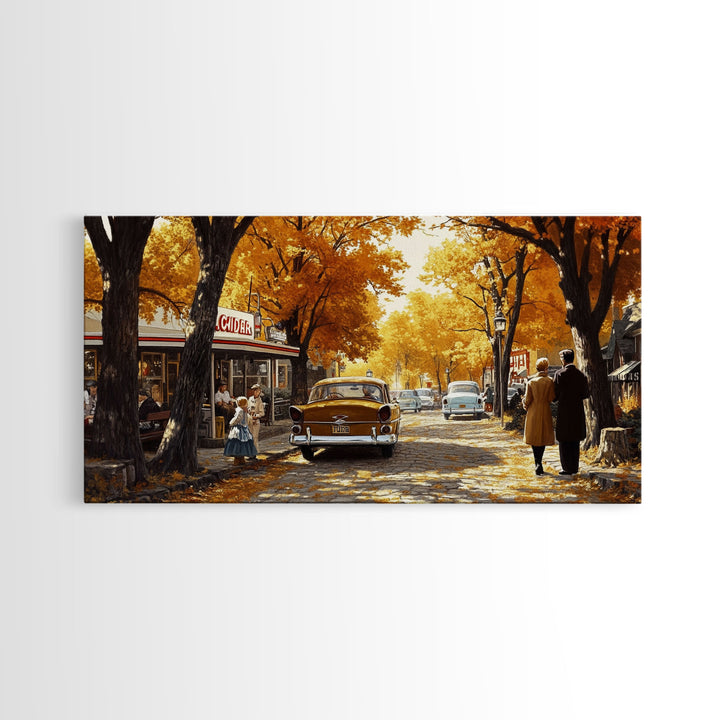 Retro Autumn Village Scene Framed Canvas Print, Cozy Fall Farmhouse Wall Art, Decor Gift Idea, Vintage Country Town Art, Best Fall Gift