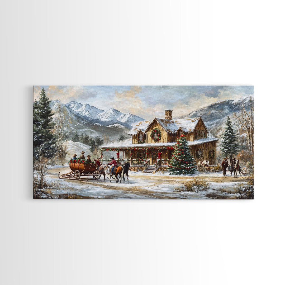 Mountain Log Cabin Christmas Framed Canvas Print, Rustic Holiday Winter Scene, Best Gift Christmas Wall Art, Vintage Holiday Decor Ideas