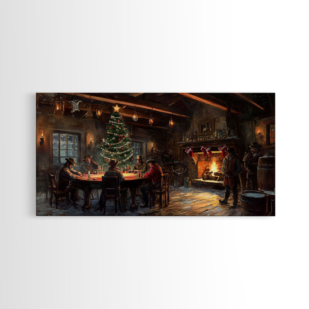 Rustic Cowboy Christmas Framed Canvas Print with Holiday Tree, Vintage Christmas Scene Art, Cozy Farmhouse Holiday Decor Gift Idea