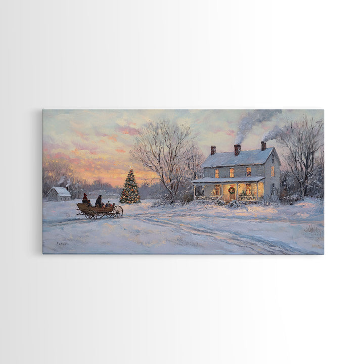 Horse Drawn Sleigh Ride Framed Canvas Print, Winter Wonderland Christmas Scene Art, Vintage Farmhouse Christmas Wall Art Gift Idea