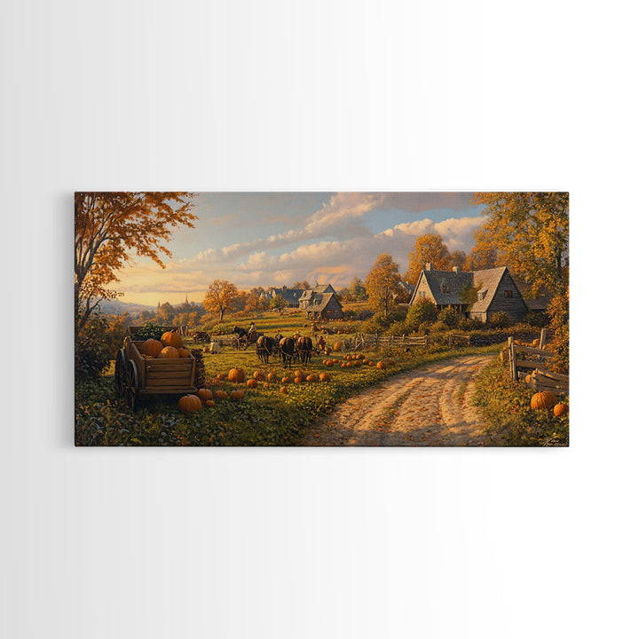 Autumn Pumpkin Harvest Framed Canvas Print, Fall Country Farm Scene Wall Art, Best Autumn Decor, Cozy Farmhouse Gift Idea