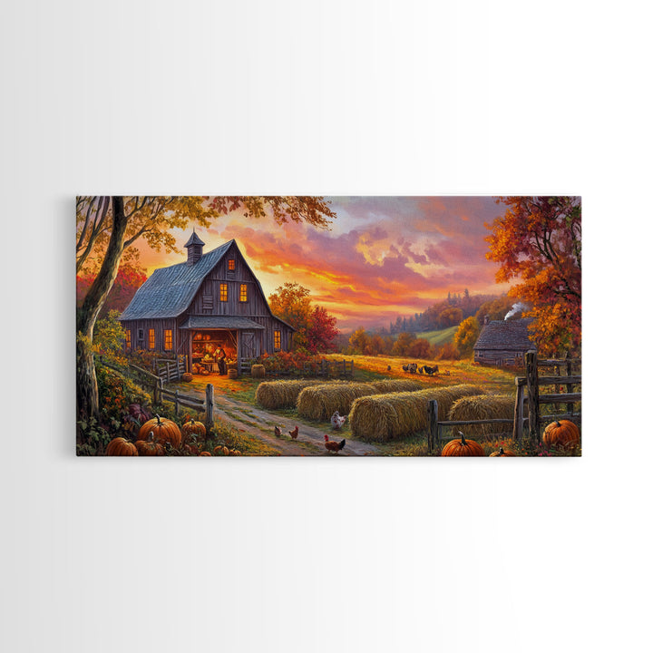 Cozy Barn at Sunset Framed Canvas Print, Fall Harvest Wall Art, Country Farmhouse Autumn Decor, Seasonal Gift Idea Best Fall Wall Art