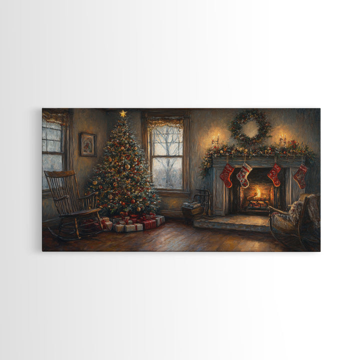 Traditional Christmas Living Room Framed Canvas Print with Tree and Stockings, Rustic Christmas Decor, Best Holiday Gift Wall Art