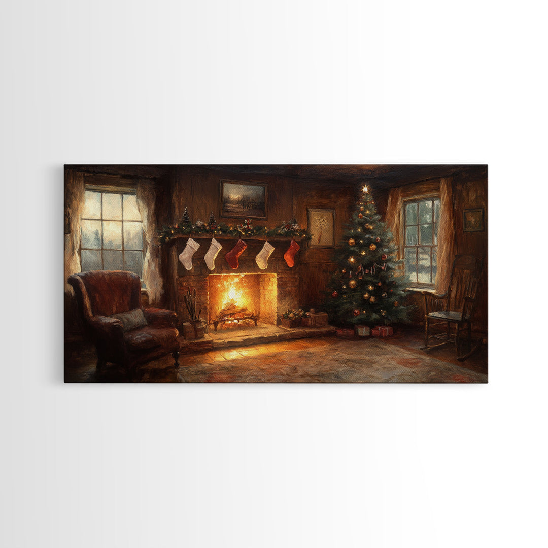 Vintage Christmas Living Room Framed Canvas Print with Fireplace and Stockings, Cozy Rustic Holiday Wall Art, Best Christmas Gift Idea