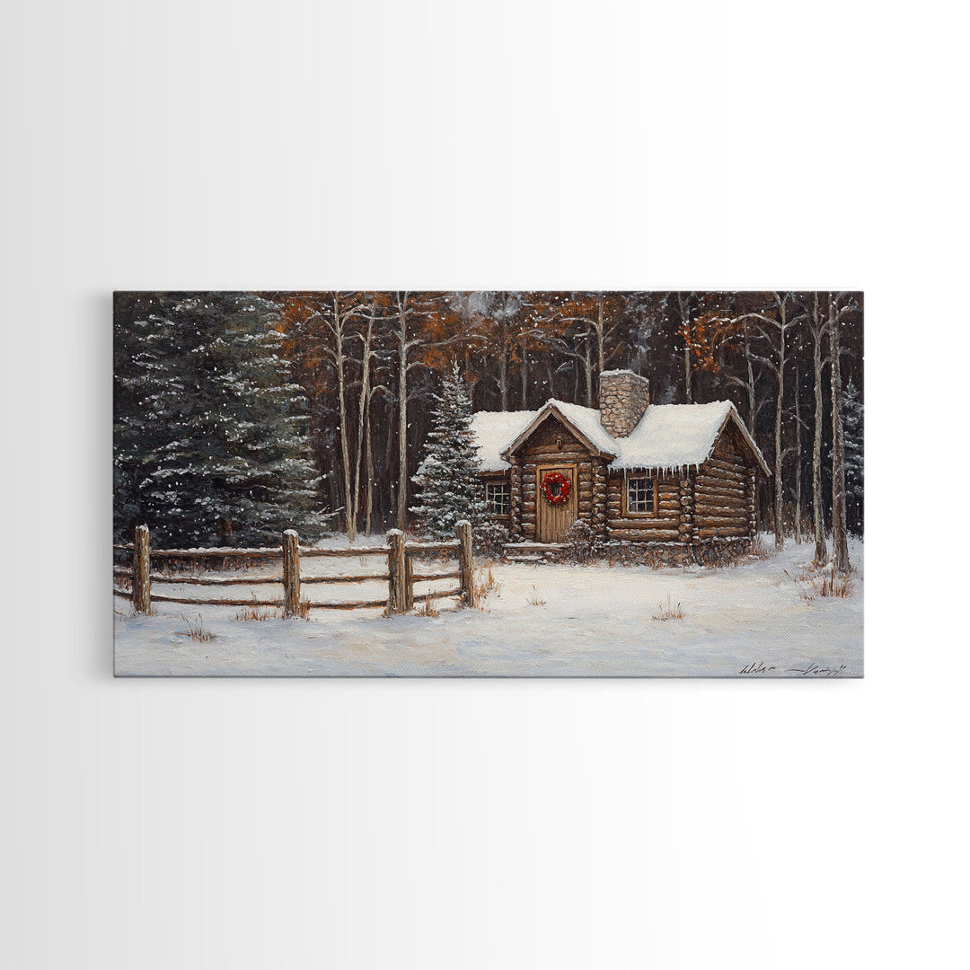 Snowy Log Cabin Christmas Framed Canvas Print, Rustic Winter Wonderland Art, Cozy Holiday Decor, Best Gift Christmas Wall Art