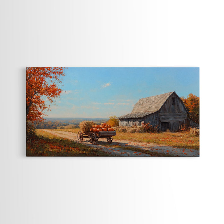 Rustic Barn with Pumpkins Framed Canvas Print, Cozy Fall Farmhouse Decor, Country Autumn Harvest Art, Seasonal Wall Art Gift Idea