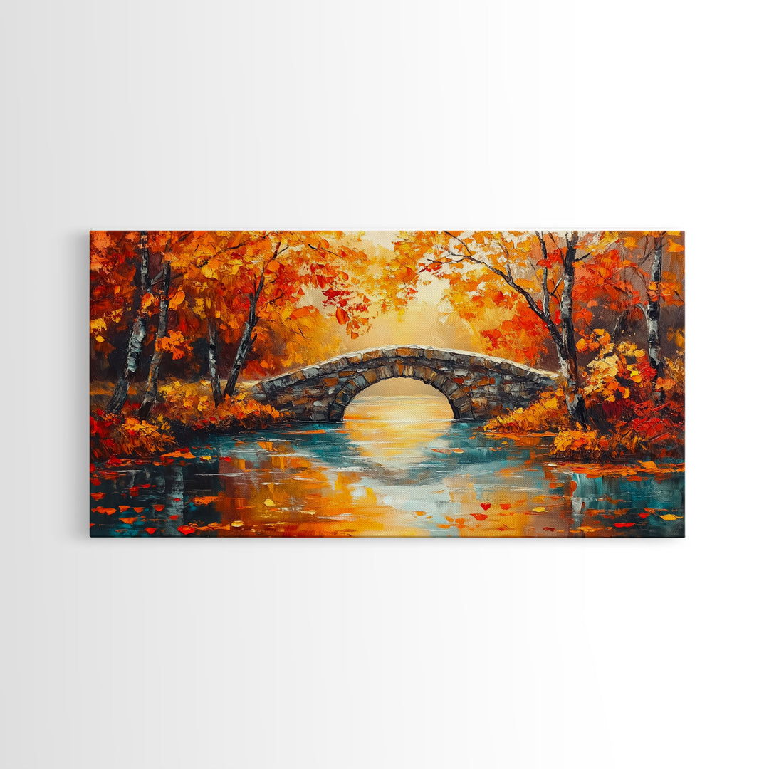 Stone Bridge in Autumn Framed Canvas Print, Colorful Fall Landscape Art, Seasonal Wall Decor, Best Gift Idea for Fall Farmhouse Decor