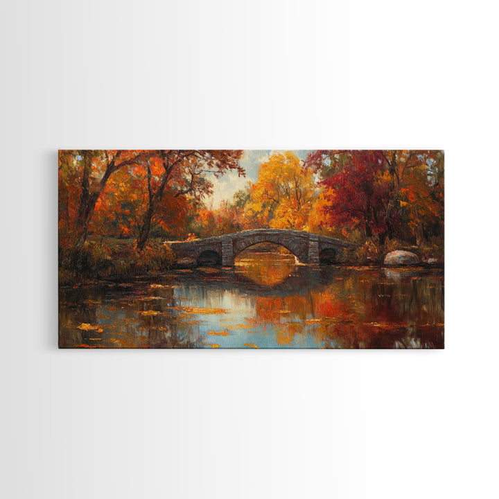 Scenic Autumn Bridge Framed Canvas Print, Cozy Fall Landscape Wall Art, Country Farmhouse Autumn Decor, Best Seasonal Gift Idea