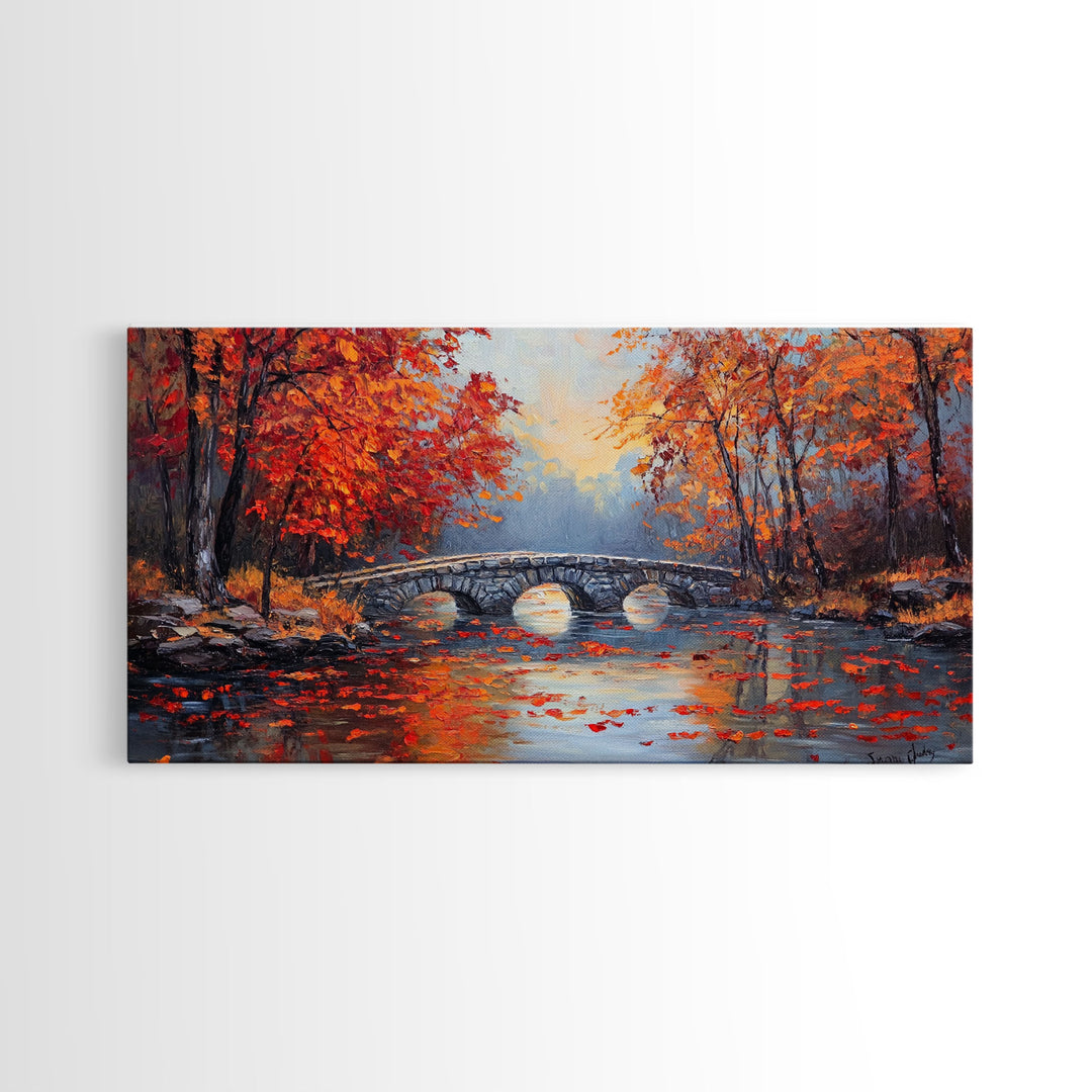 Autumn River Bridge Framed Canvas Print, Colorful Fall Landscape Wall Art, Cozy Seasonal Decor, Best Gift Idea for Farmhouse Wall Art