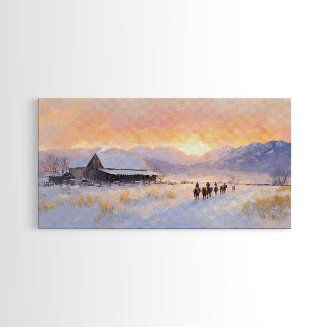 Snowy Farmhouse Sunset Framed Canvas Print, Winter Mountain Landscape Art, Rustic Country Christmas Decor, Best Winter Wall Art Gift