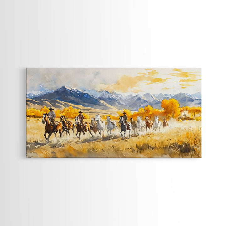 Western Cowboy Horse Drive Framed Canvas Print, Autumn Mountain Landscape with Riders and Horses in Golden Fall Light Wall Art