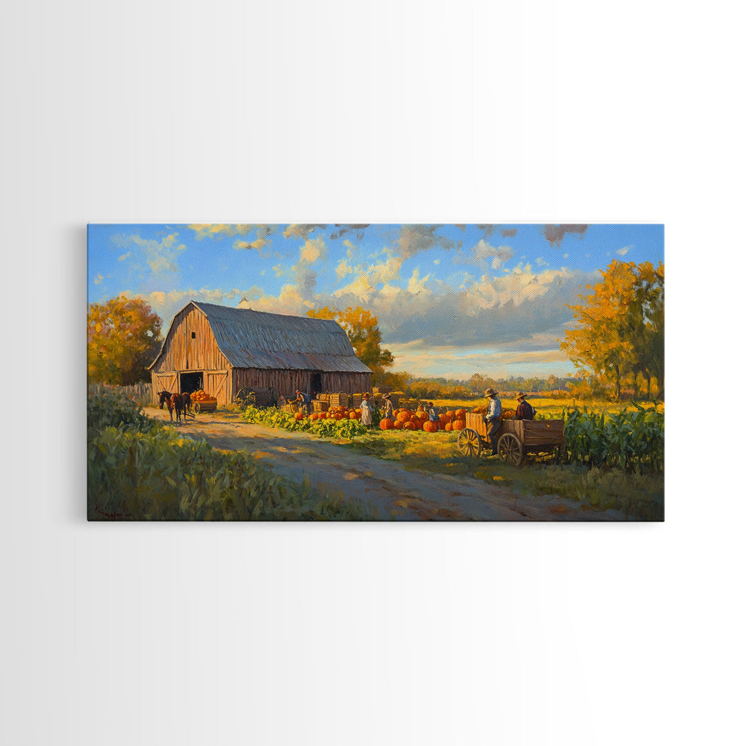 Picturesque Autumn Barn Harvest Scene Framed Canvas Print Farmhouse Art, Fall Harvest Scene Art Print, Rustic Wall Decor for Fall Season