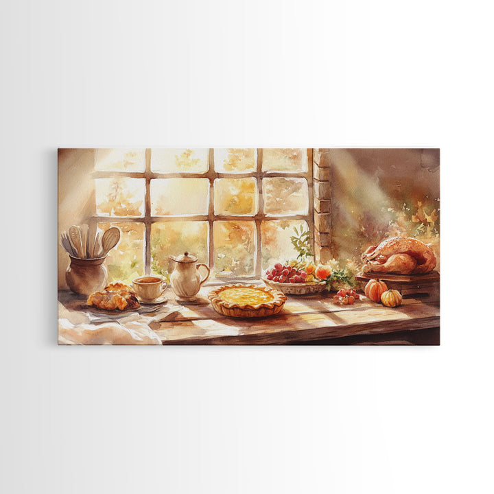 Thanksgiving table scene with food, pies and fall decor, Framed Canvas Print with pumpkins sunlight, autumn harvest home wall art and decor