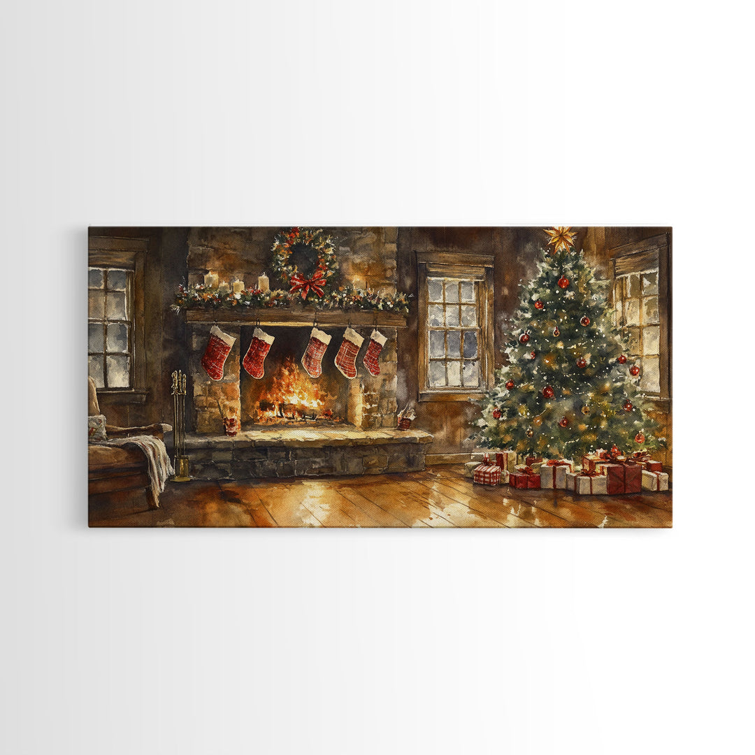 Cozy Christmas living room with stockings, Christmas tree, and fireplace, Framed Canvas Print for holiday wall art vintage Christmas decor