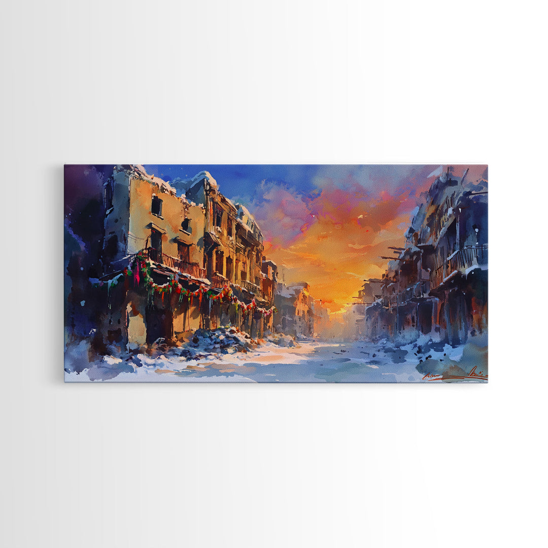 Snowy abandoned street at sunset with festive garland, framed canvas print, moody landscape Christmas or holiday decor