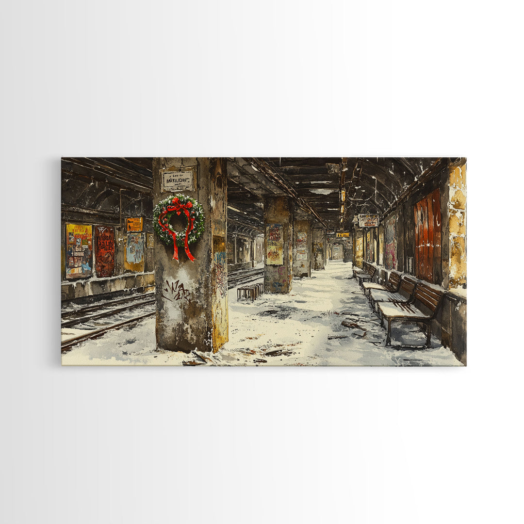 Underground subway station winter scene framed canvas print, snowy platform with festive wreath and urban decay, Christmas display