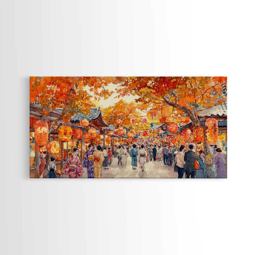 Vibrant fall market street scene with lanterns and people, framed canvas print, perfect autumn or fall festival decor wall art