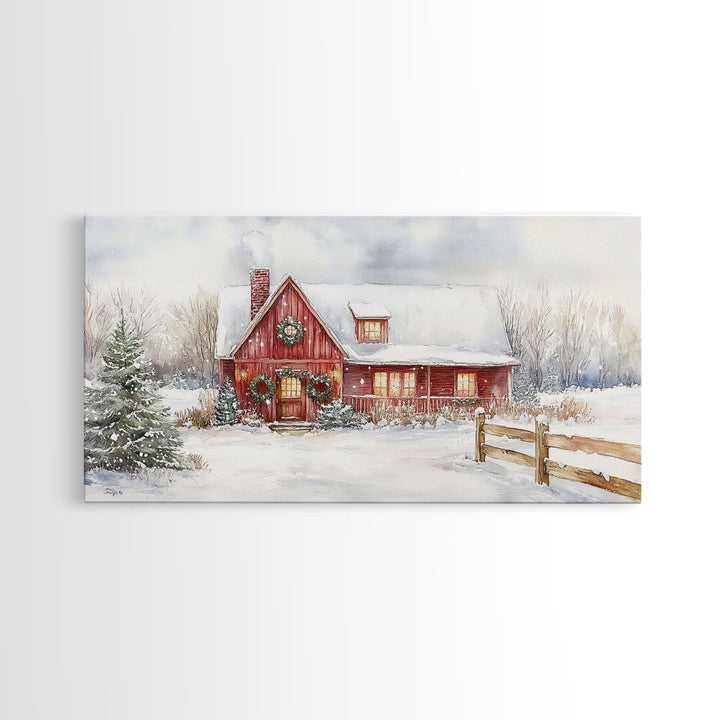 Snowy red farmhouse with wreaths and holiday lights, framed canvas print, perfect Christmas holiday decor or winter wall art display