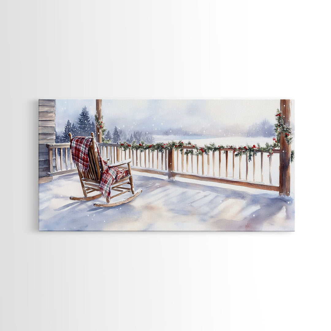 Snowy porch with rocking chair and plaid blanket, framed canvas print, Christmas decor perfect rustic holiday winter wall art