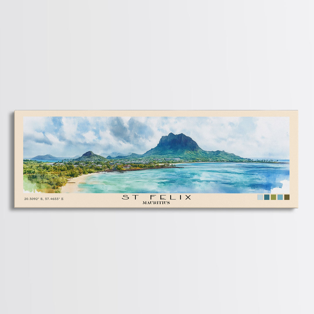 St Felix, Mauritius Watercolor Beach Print, Vacation Gift, Mauritius Wall Art, Framed Canvas Print, Framed Beach Painting