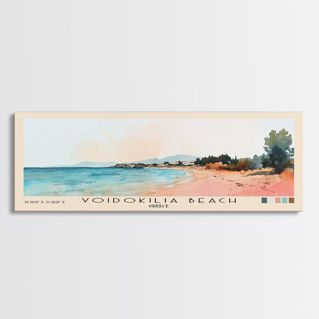 Voidokilia Beach, Greece Watercolor Beach Print, Vacation Gift, Greece Wall Art, Framed Canvas Print, Framed Beach Painting