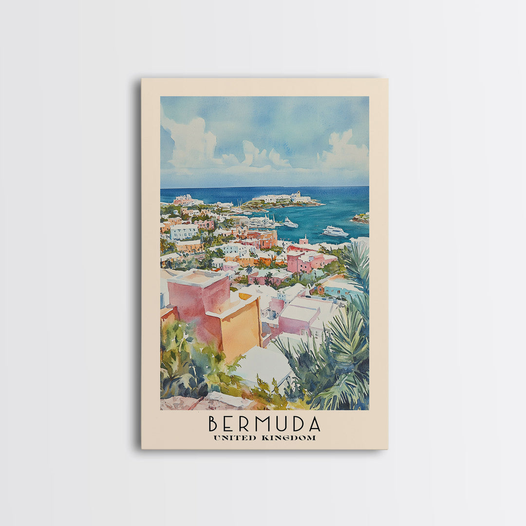 Bermuda, United Kingdom Watercolor Beach Print, Vacation Gift, United Kingdom Wall Art, Framed Canvas Print, Framed Beach Painting