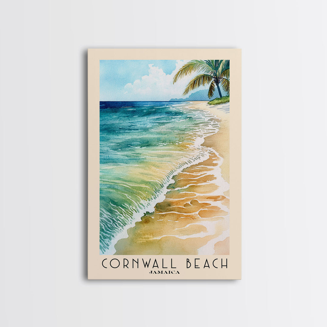 Cornwall Beach, Jamaica Watercolor Beach Print, Vacation Gift, Jamaica Wall Art, Framed Canvas Print, Framed Beach Painting