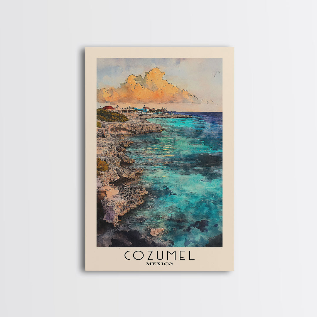 Cozumel, Mexico Watercolor Print, Vacation Gift, Mexico Wall Art, Beach Painting, Beach Decor, Large Wall Art, Wood Frame Art