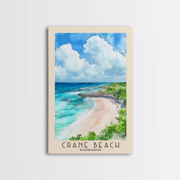 Crane Beach, Barbados Watercolor Beach Print, Vacation Gift, Barbados Wall Art, Framed Canvas Print, Framed Beach Painting