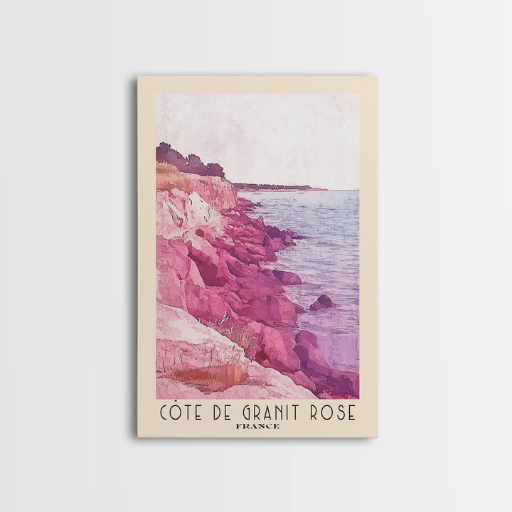 Côte de Granit Rose, France Watercolor Beach Print, Vacation Gift, France Wall Art, Framed Canvas Print, Framed Beach Painting