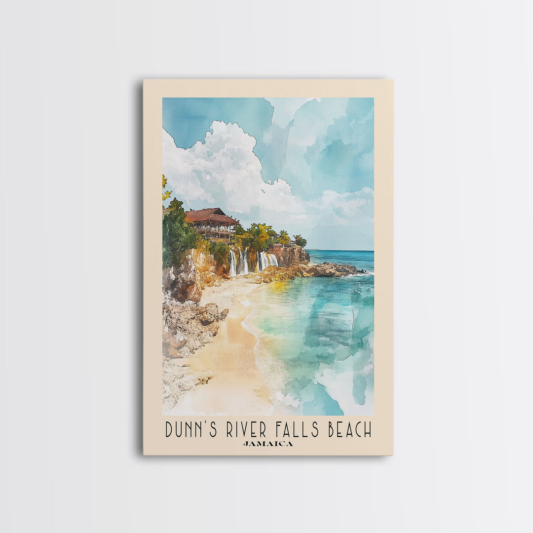 Dunn’s River Falls Beach, Jamaica Watercolor Print, Vacation Gift, Jamaica Wall Art, Beach Painting, Beach Decor, Large Wall Art, Wood Frame Art