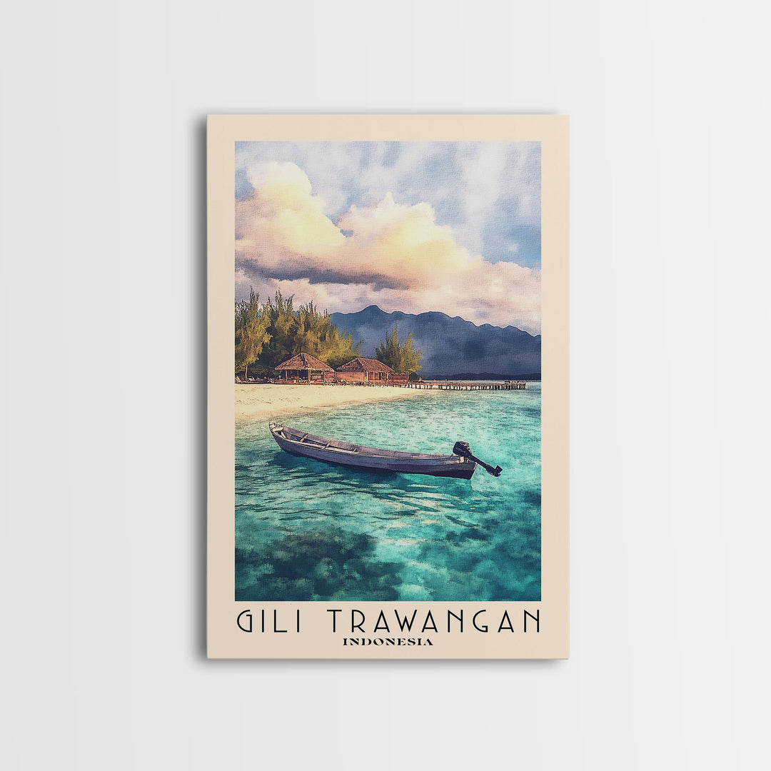 Gili Trawangan, Indonesia Watercolor Beach Print, Vacation Gift, Indonesia Wall Art, Framed Canvas Print, Framed Beach Painting