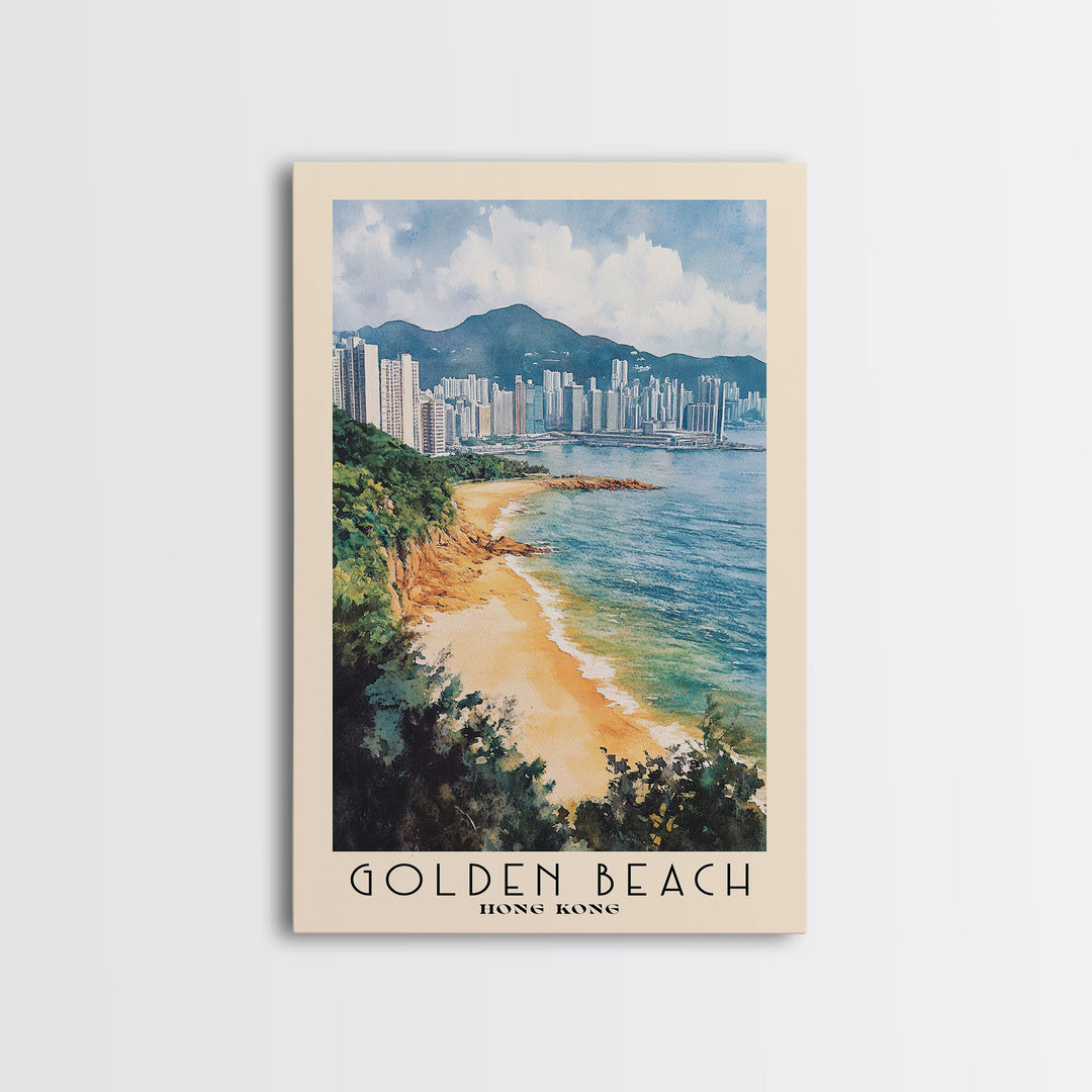 Golden Beach, Hong Kong Watercolor Print, Vacation Gift, Hong Kong Wall Art, Beach Painting, Beach Decor, Large Wall Art, Wood Frame Art